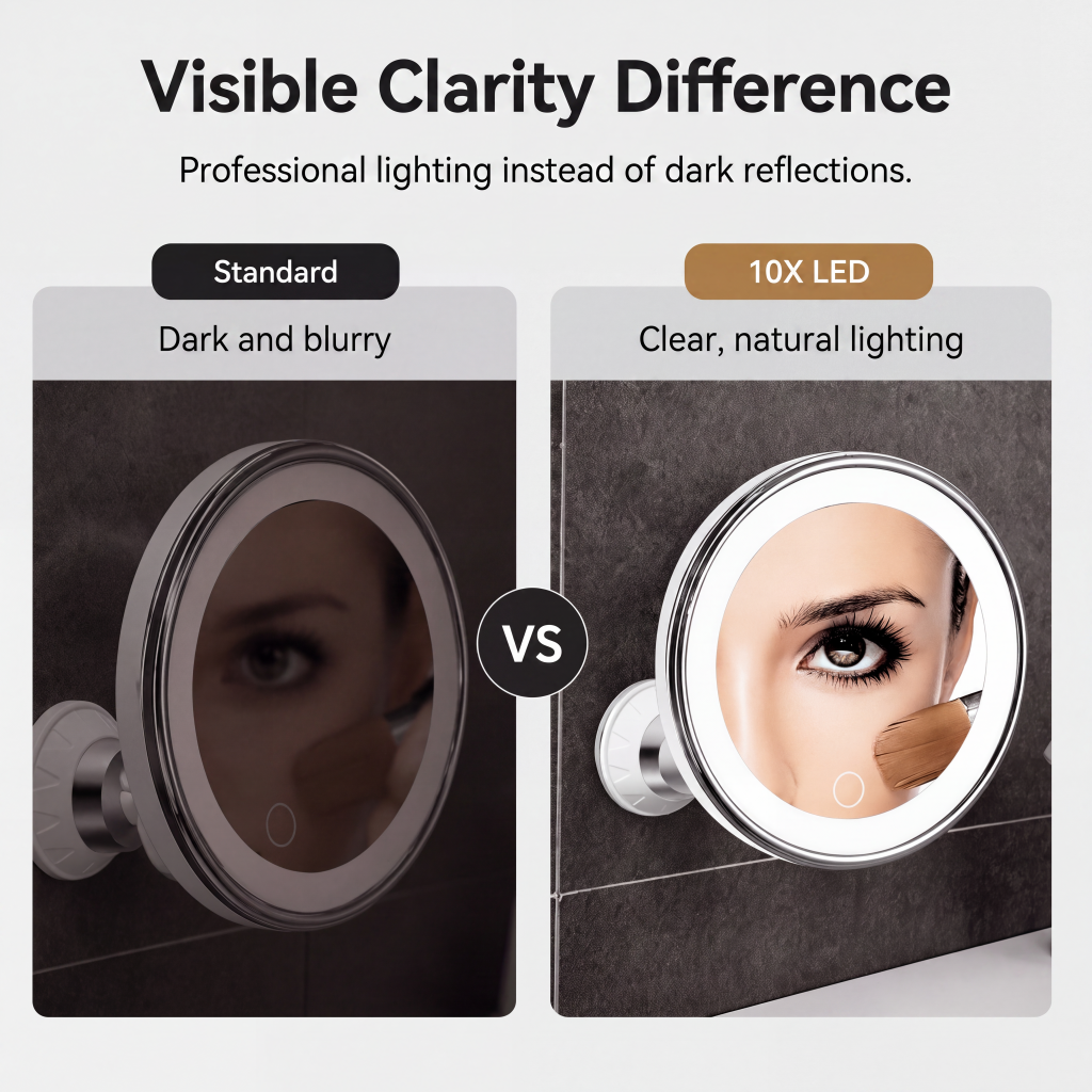 10x Magnifying Makeup Mirror with LED Light and Suction Cup