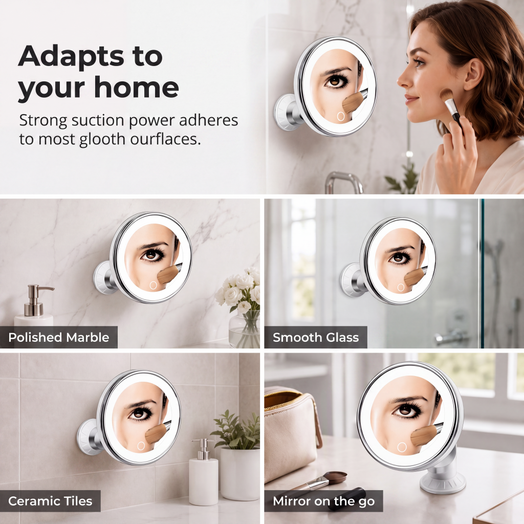 10x Magnifying Makeup Mirror with LED Light and Suction Cup