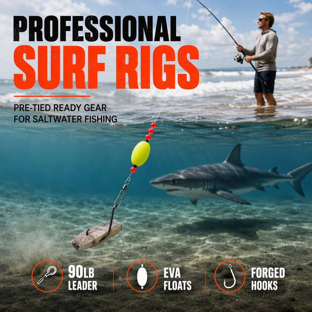 📢📢40% OFF !! ⏰ Pre-Tied Surf Fishing Rigs: High-Buoyancy Floats, Forged Circle Hooks, 90lb Leader, Ready to Use