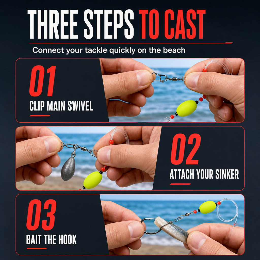 📢📢40% OFF !! ⏰ Pre-Tied Surf Fishing Rigs: High-Buoyancy Floats, Forged Circle Hooks, 90lb Leader, Ready to Use