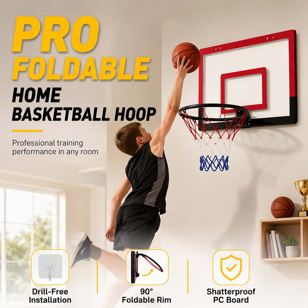 📢📢50% OFF !! ⏰No Drill Wall Mounted Folding Basketball Hoop Toy Set for Kids Indoor and Outdoor Play