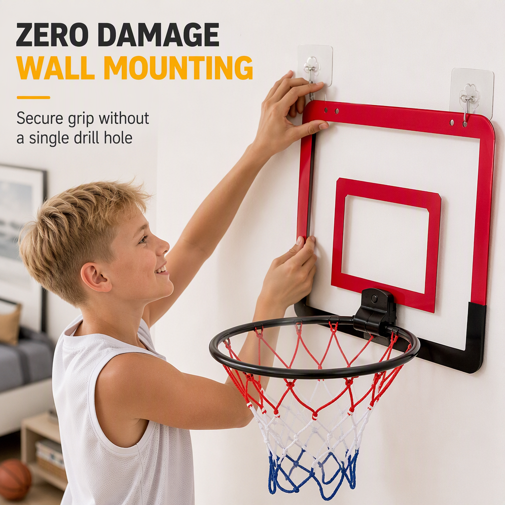 📢📢50% OFF !! ⏰No Drill Wall Mounted Folding Basketball Hoop Toy Set for Kids Indoor and Outdoor Play
